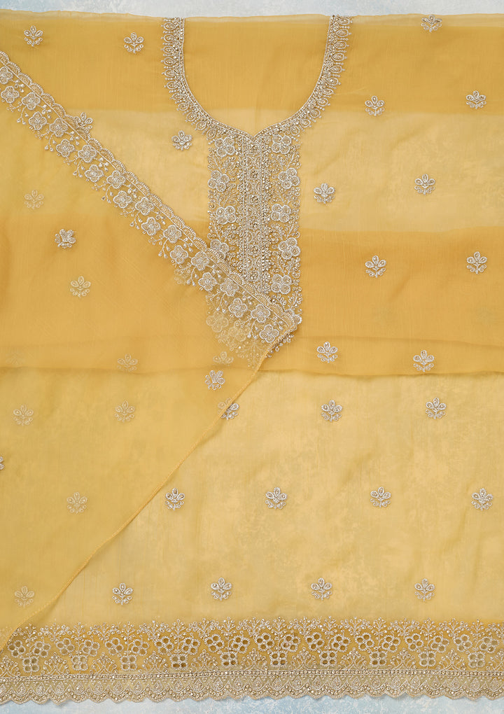Yellow Zariwork (Gold) Chinon Unstitched Salwar Suit