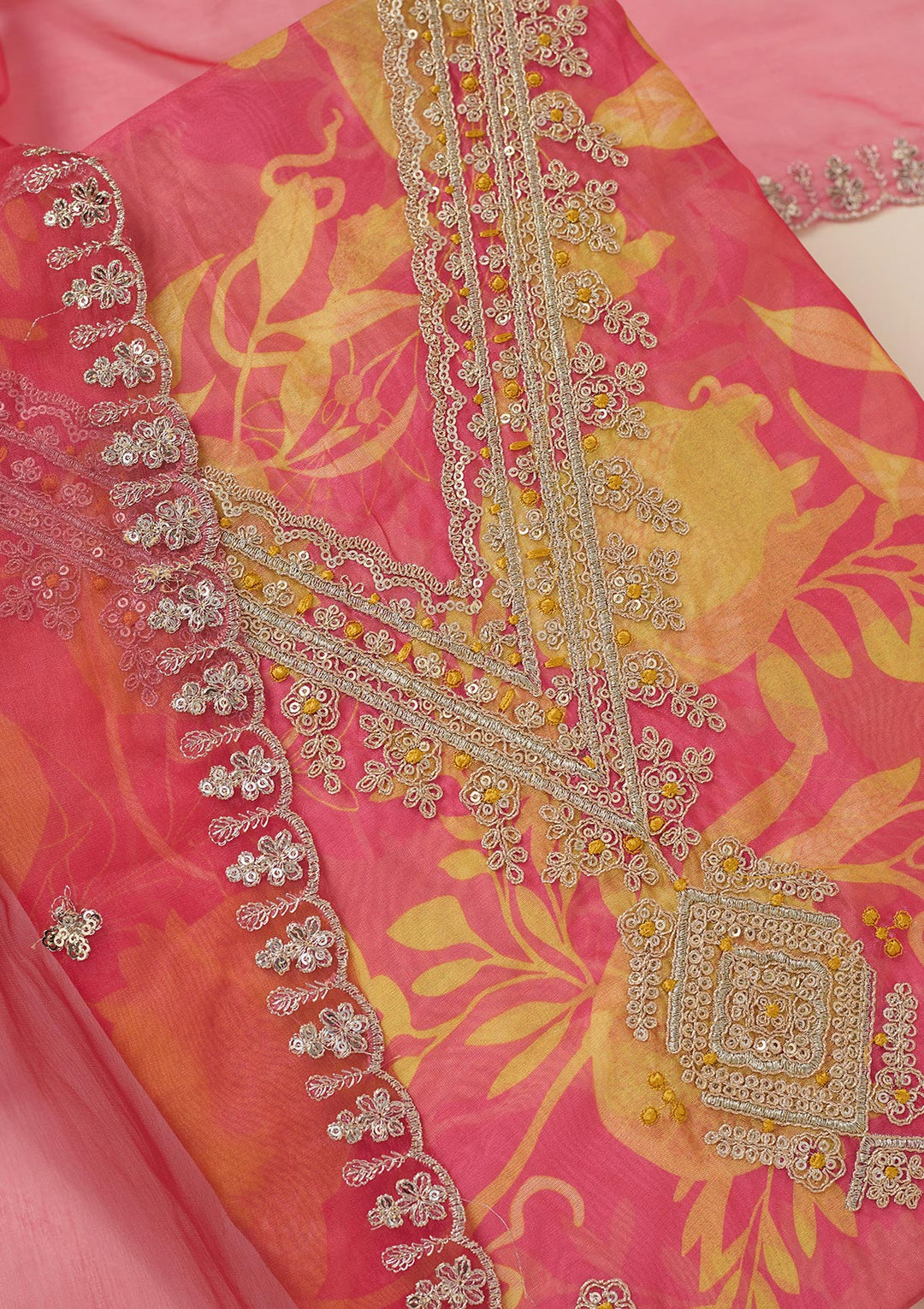 Mustard Zariwork (Gold) Organza Unstitched Salwar Suit