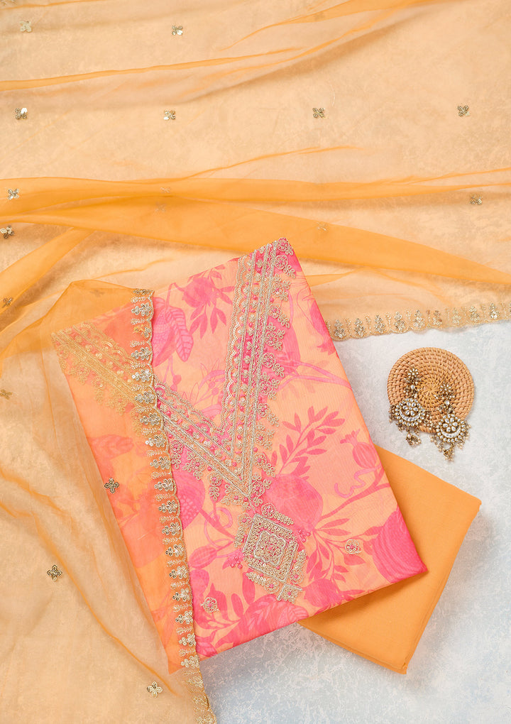 Orange Zariwork (Gold) Organza Unstitched Salwar Suit