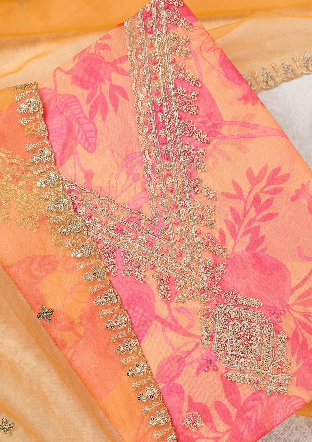 Orange Zariwork (Gold) Organza Unstitched Salwar Suit