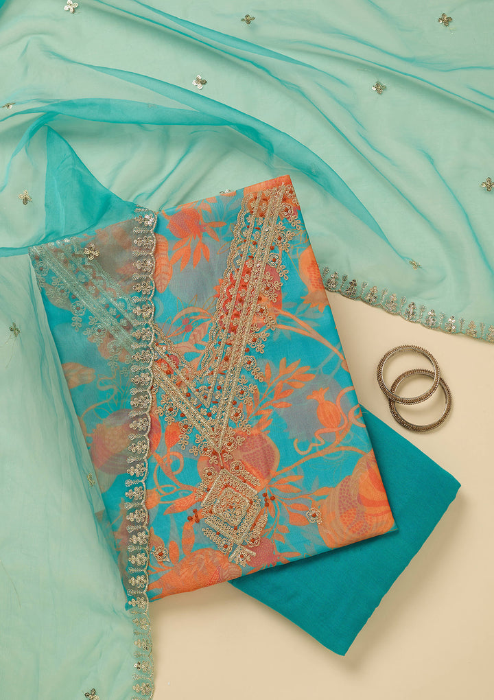 Turquoise Blue Zariwork (Gold) Organza Unstitched Salwar Suit