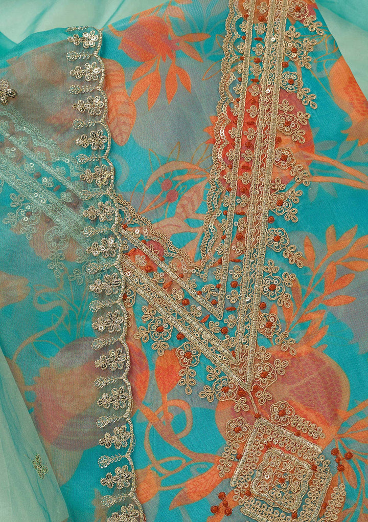 Turquoise Blue Zariwork (Gold) Organza Unstitched Salwar Suit