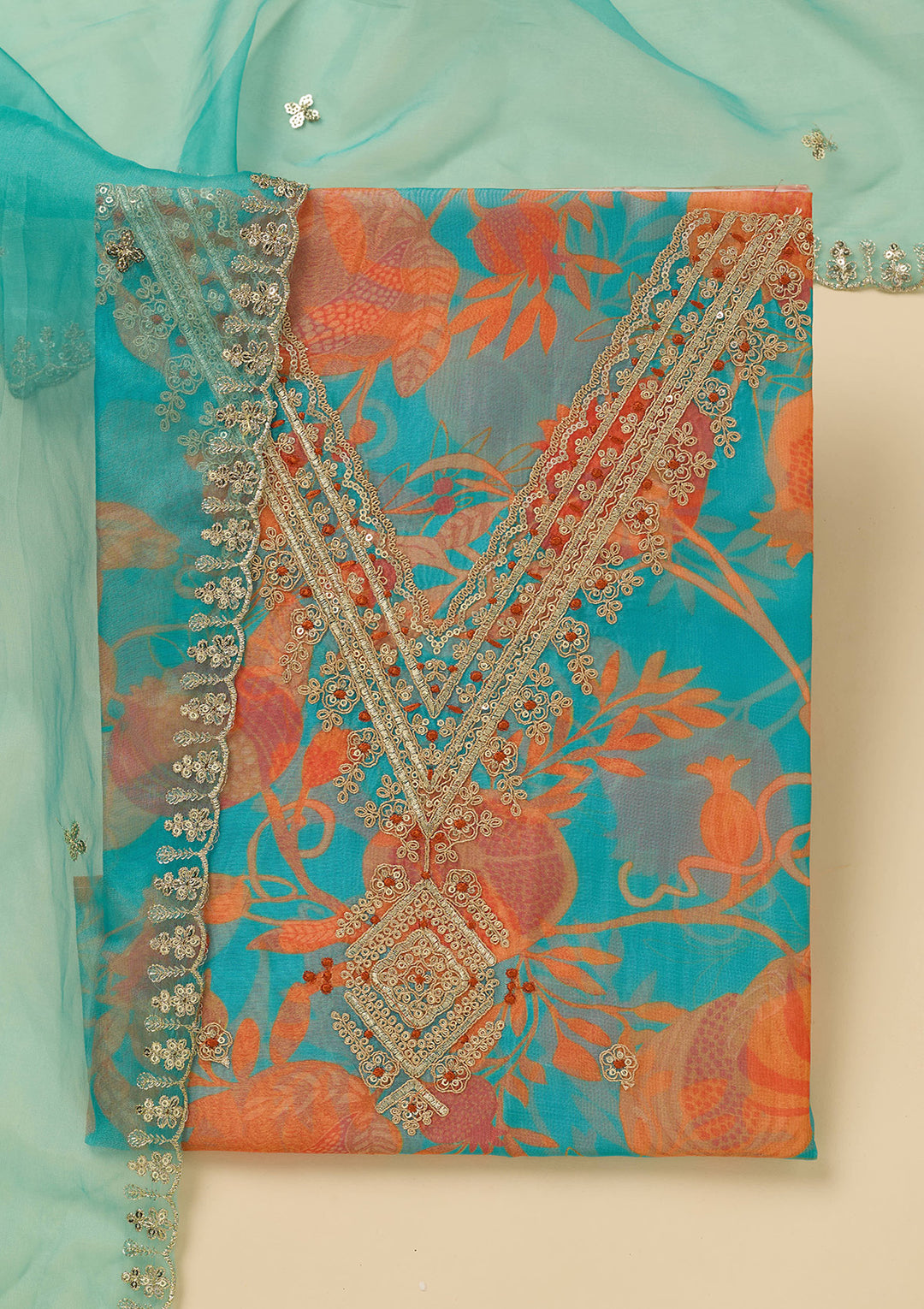 Turquoise Blue Zariwork (Gold) Organza Unstitched Salwar Suit