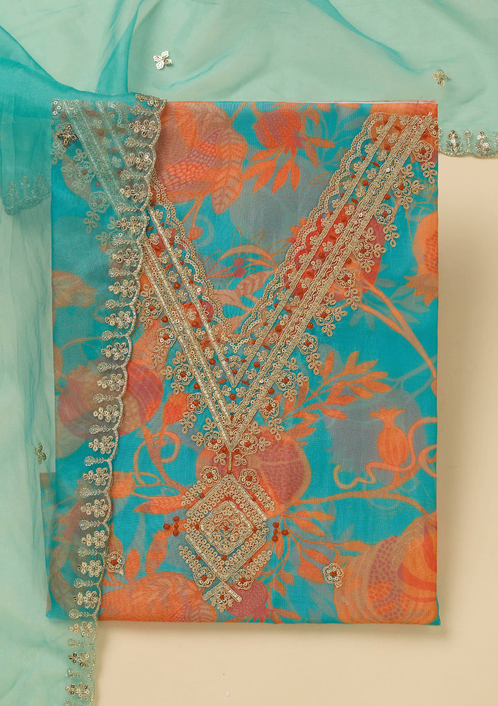 Turquoise Blue Zariwork (Gold) Organza Unstitched Salwar Suit