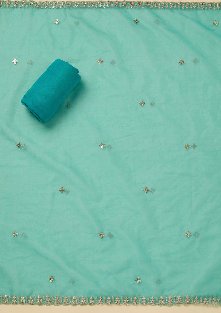 Turquoise Blue Zariwork (Gold) Organza Unstitched Salwar Suit