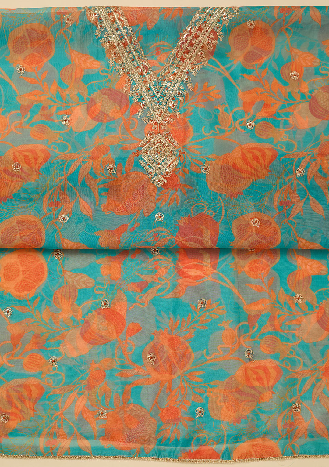 Turquoise Blue Zariwork (Gold) Organza Unstitched Salwar Suit