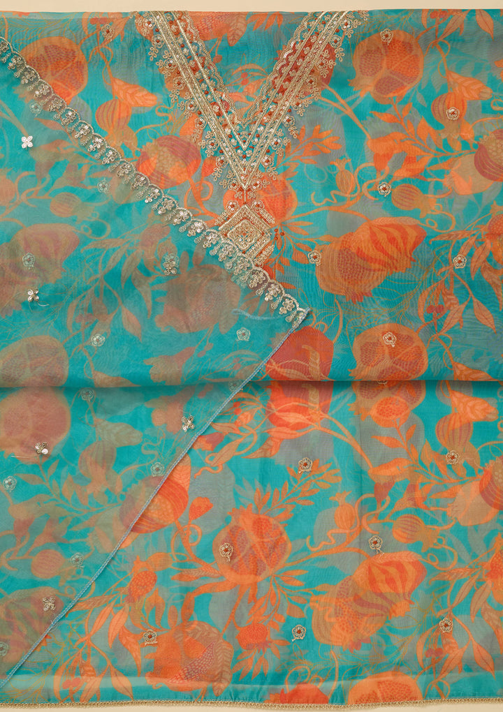 Turquoise Blue Zariwork (Gold) Organza Unstitched Salwar Suit