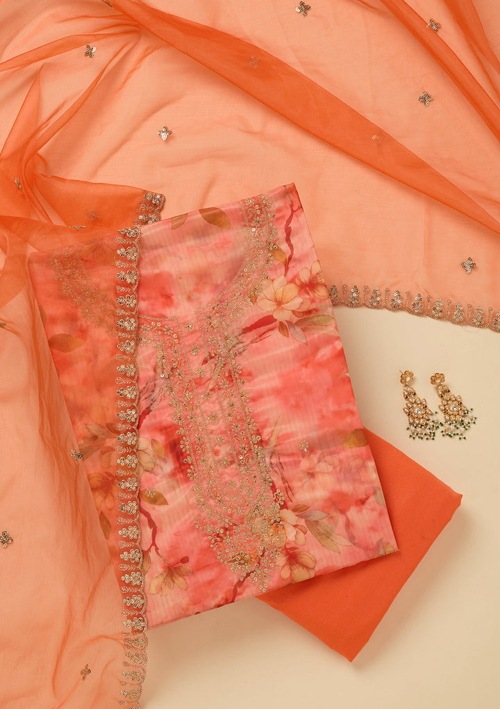 Peach Zariwork (Gold) Organza Unstitched Salwar Suit