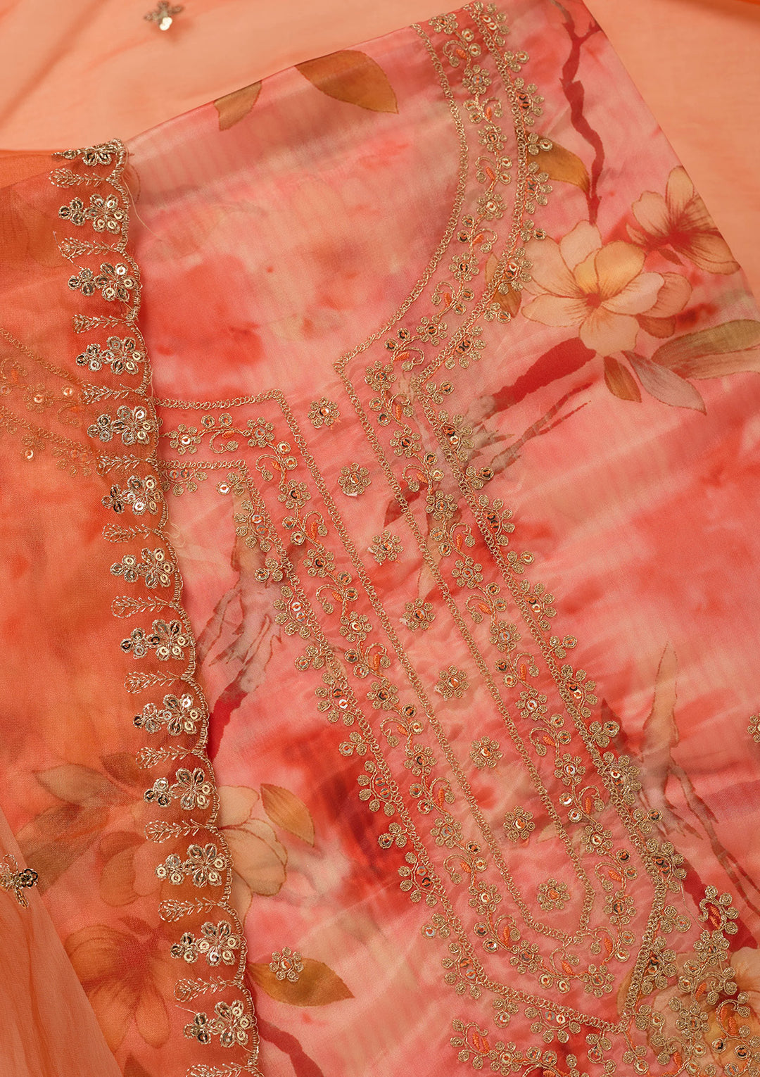Peach Zariwork (Gold) Organza Unstitched Salwar Suit