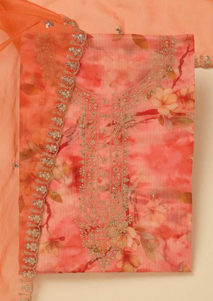 Peach Zariwork (Gold) Organza Unstitched Salwar Suit