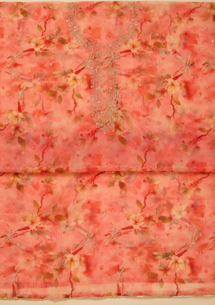 Peach Zariwork (Gold) Organza Unstitched Salwar Suit