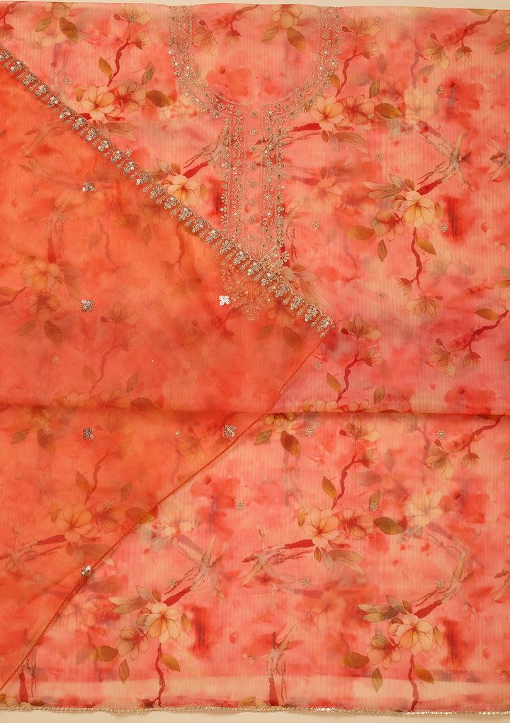 Peach Zariwork (Gold) Organza Unstitched Salwar Suit