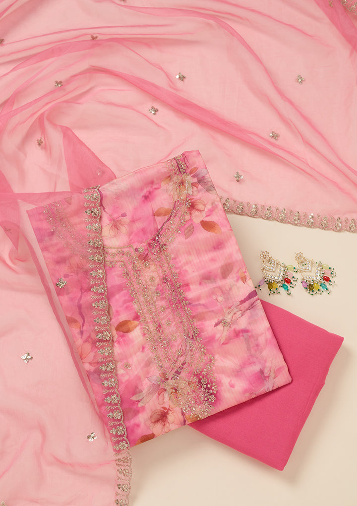 Pink Zariwork (Gold) Organza Unstitched Salwar Suit
