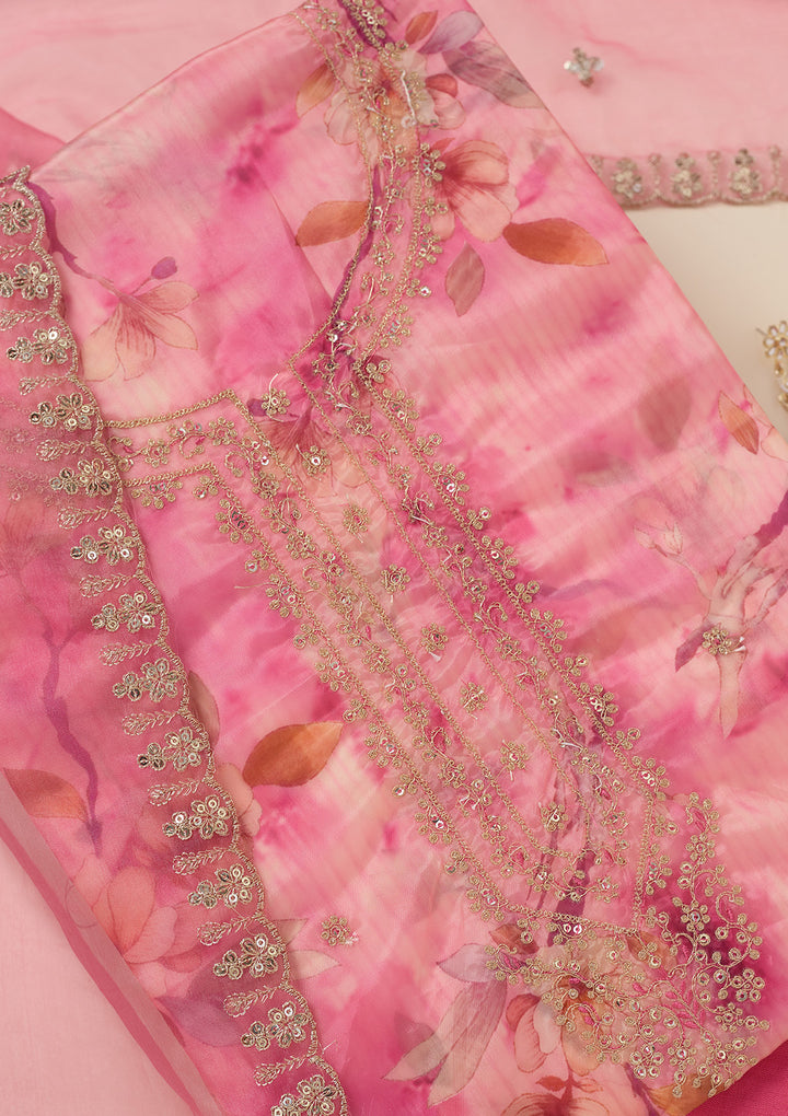 Pink Zariwork (Gold) Organza Unstitched Salwar Suit