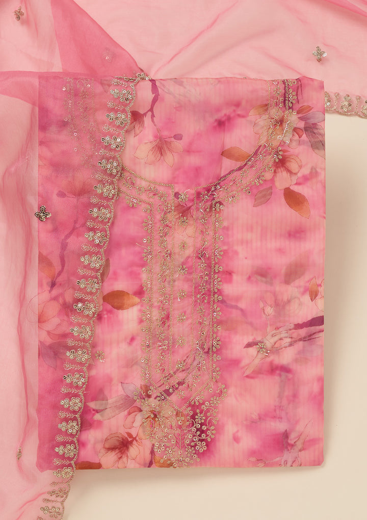 Pink Zariwork (Gold) Organza Unstitched Salwar Suit