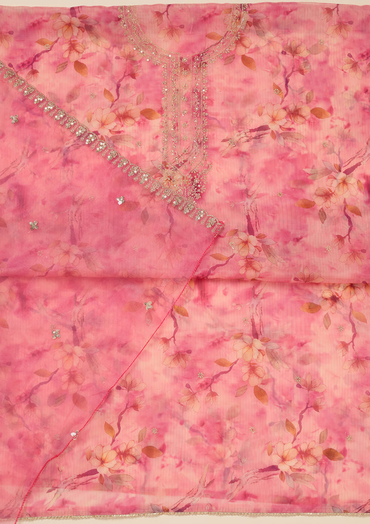 Pink Zariwork (Gold) Organza Unstitched Salwar Suit