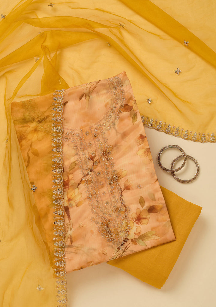 Yellow Zariwork (Gold) Organza Unstitched Salwar Suit