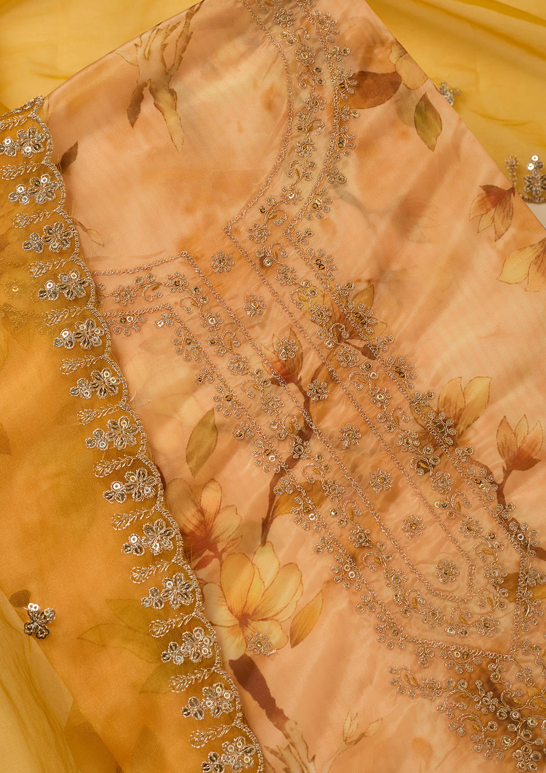 Yellow Zariwork (Gold) Organza Unstitched Salwar Suit
