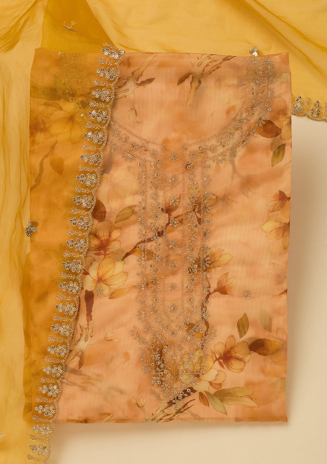 Yellow Zariwork (Gold) Organza Unstitched Salwar Suit