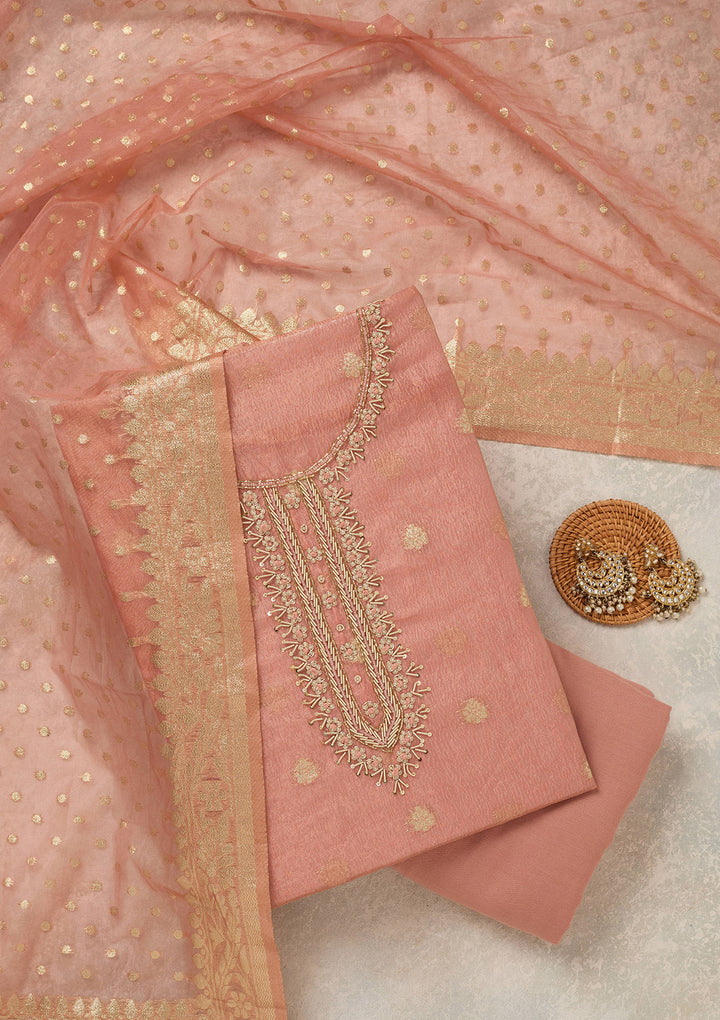 Peach Pearlwork Tissue Unstitched Salwar Suit
