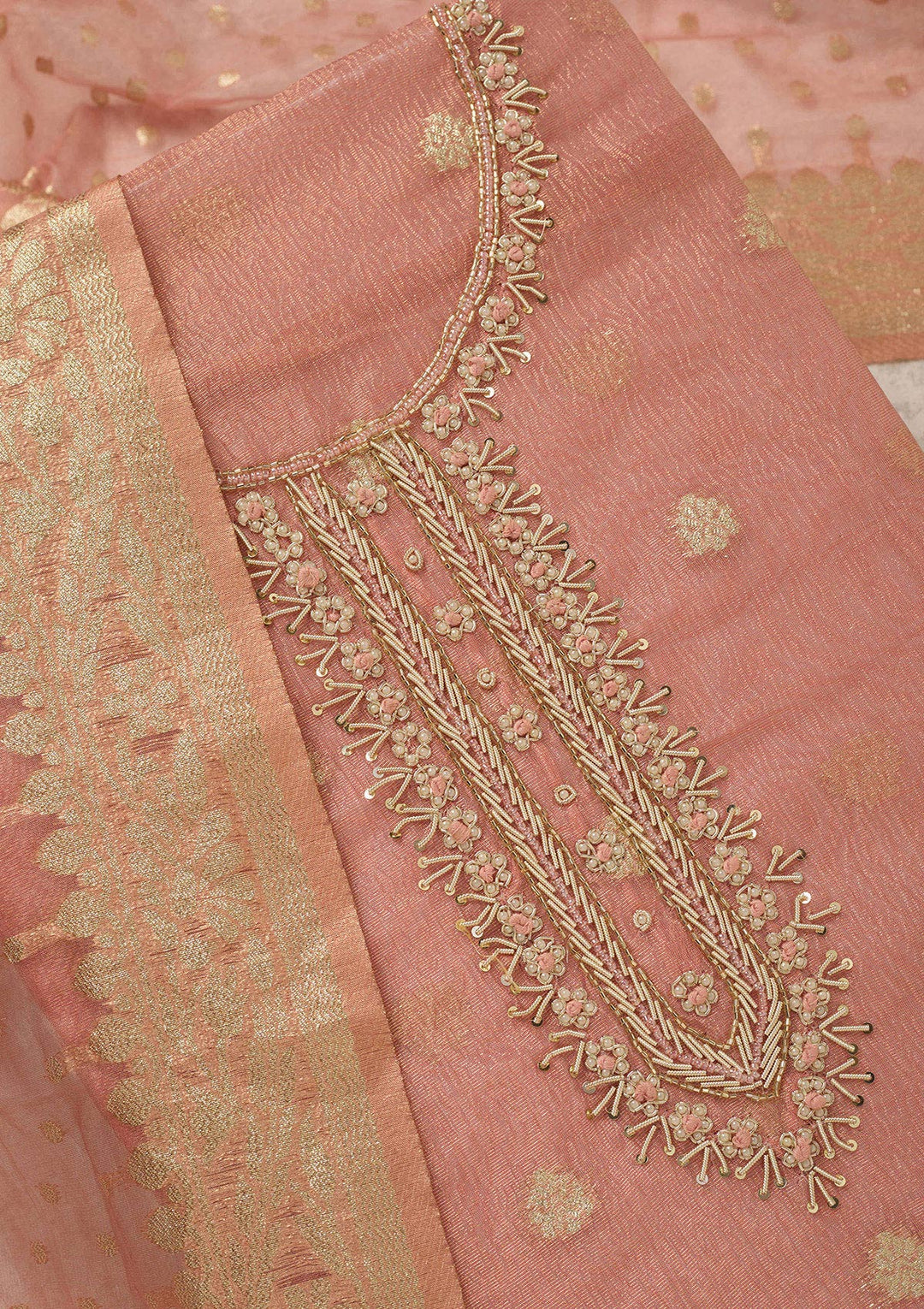 Peach Pearlwork Tissue Unstitched Salwar Suit