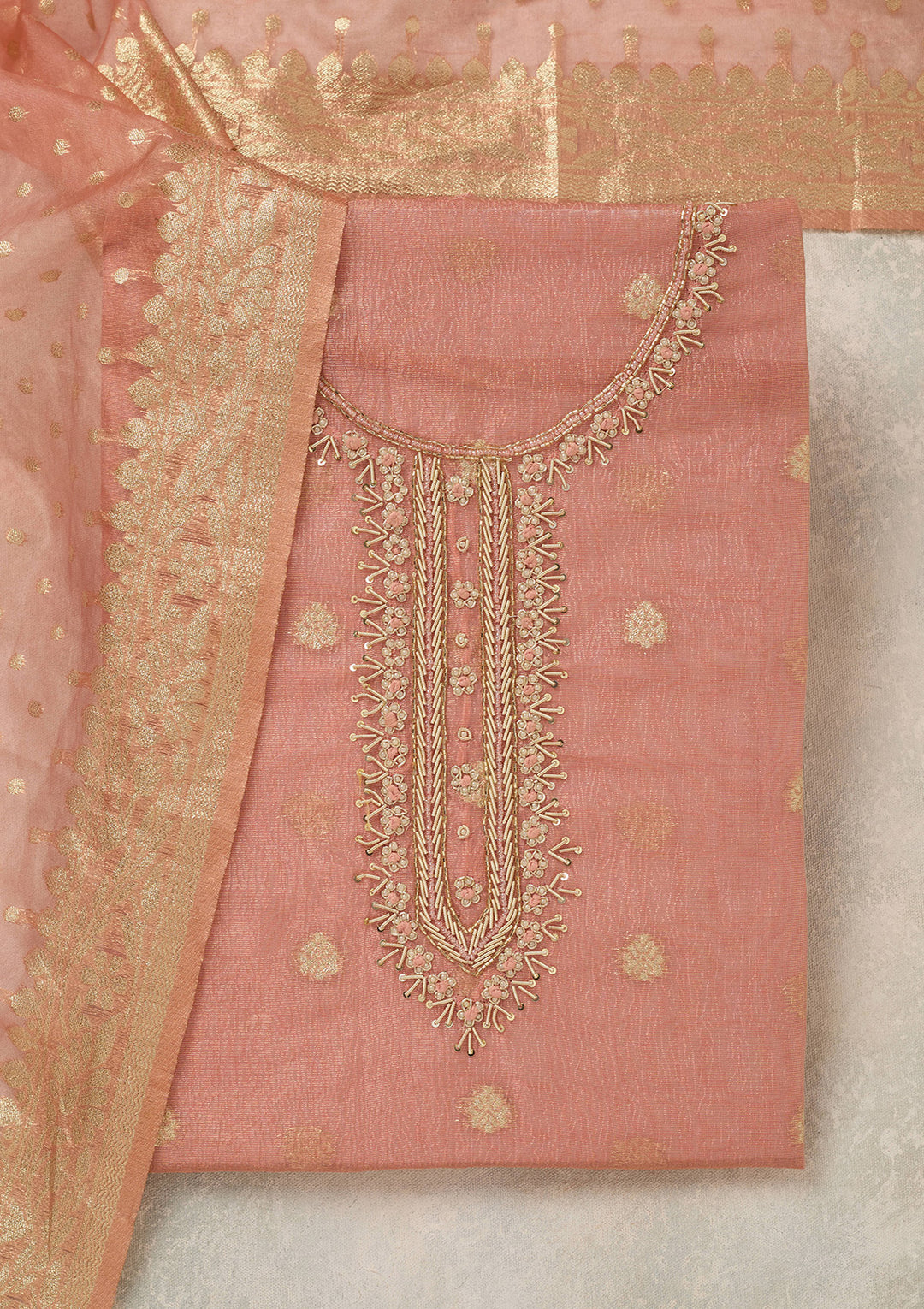 Peach Pearlwork Tissue Unstitched Salwar Suit