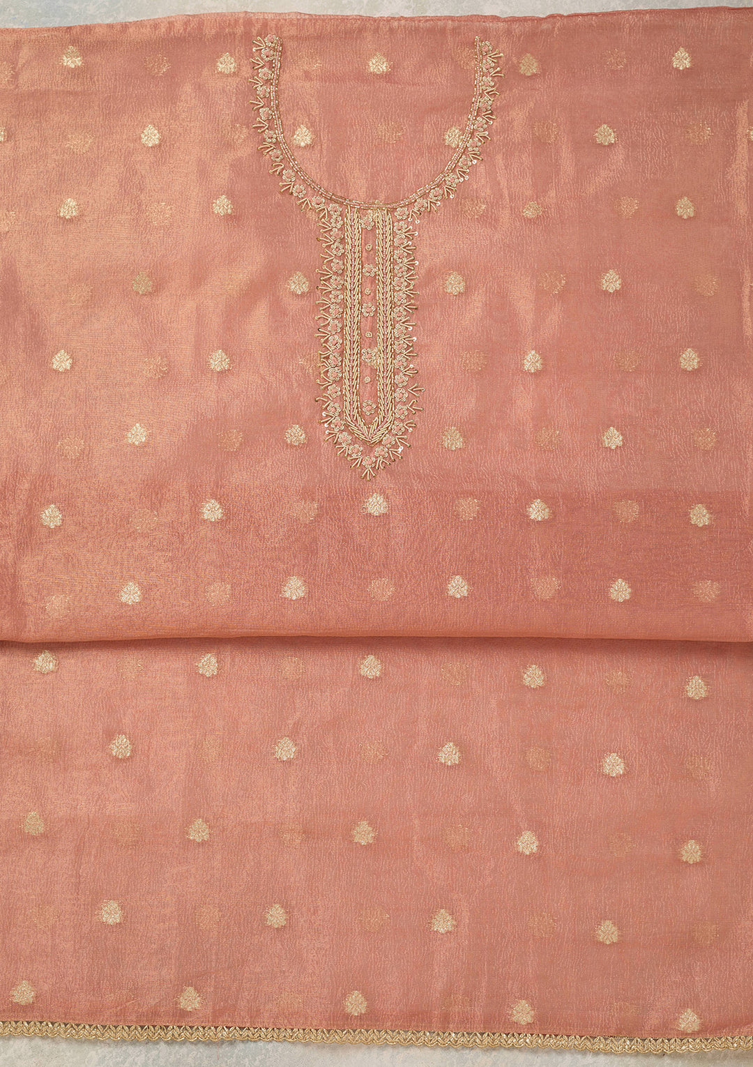 Peach Pearlwork Tissue Unstitched Salwar Suit