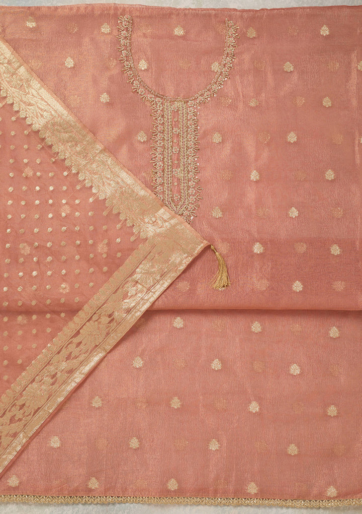 Peach Pearlwork Tissue Unstitched Salwar Suit
