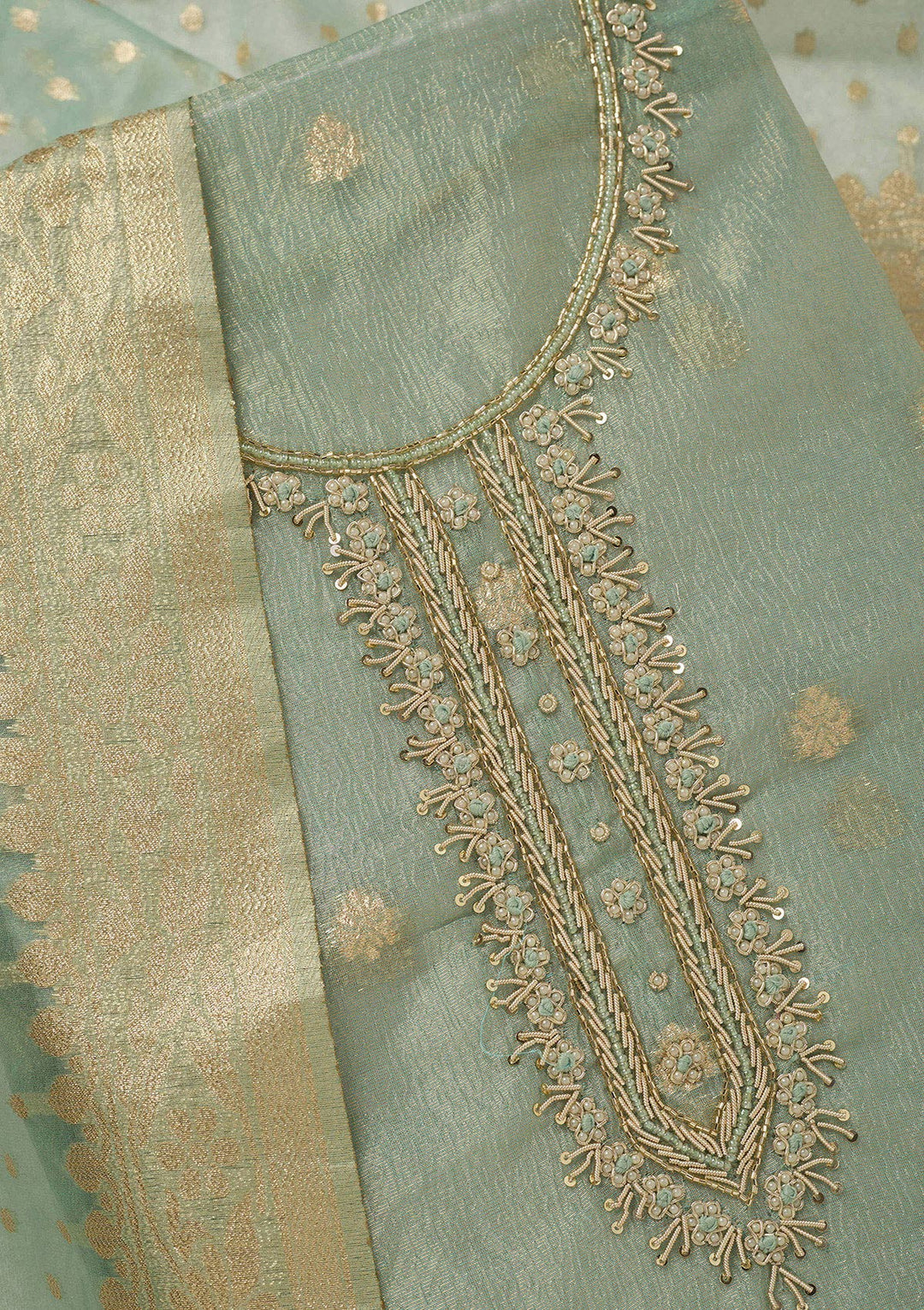 Sea Green Pearlwork Tissue Unstitched Salwar Suit