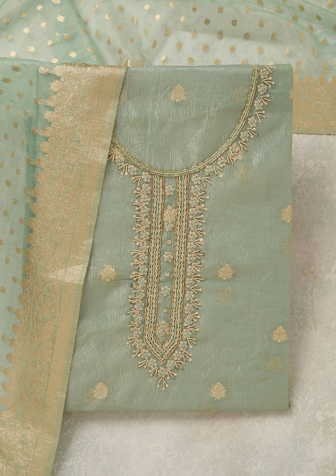 Sea Green Pearlwork Tissue Unstitched Salwar Suit