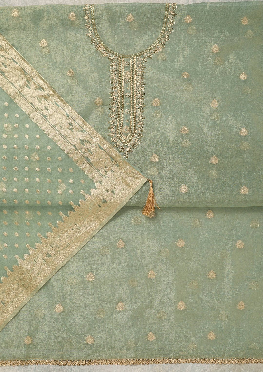 Sea Green Pearlwork Tissue Unstitched Salwar Suit