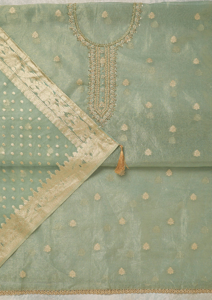 Sea Green Pearlwork Tissue Unstitched Salwar Suit