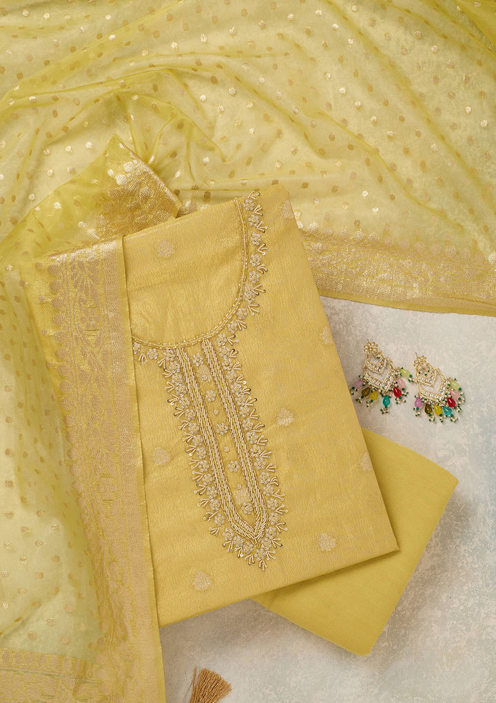 Yellow Pearlwork Tissue Unstitched Salwar Suit