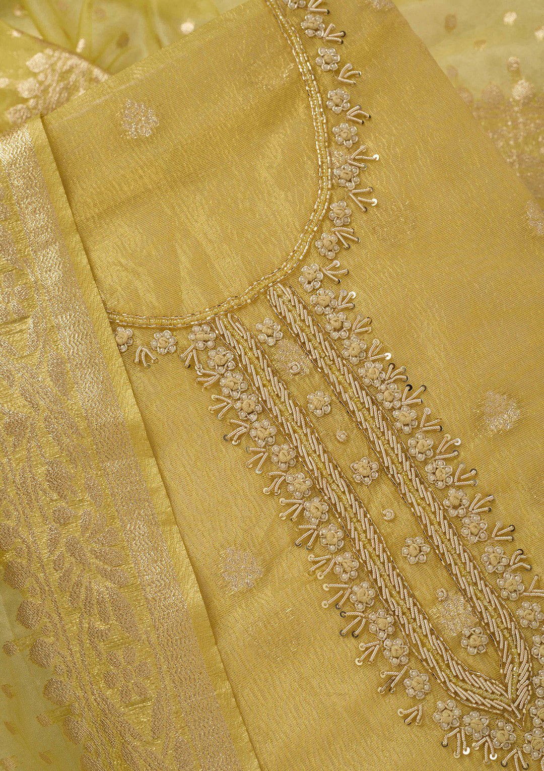 Yellow Pearlwork Tissue Unstitched Salwar Suit