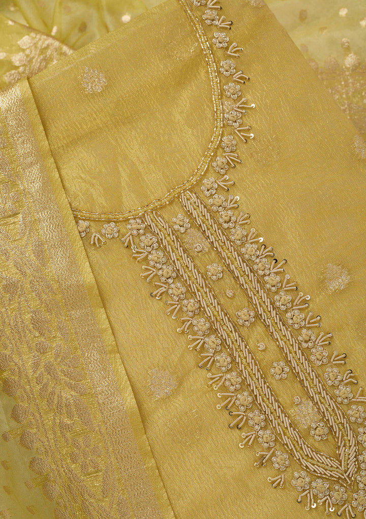 Yellow Pearlwork Tissue Unstitched Salwar Suit