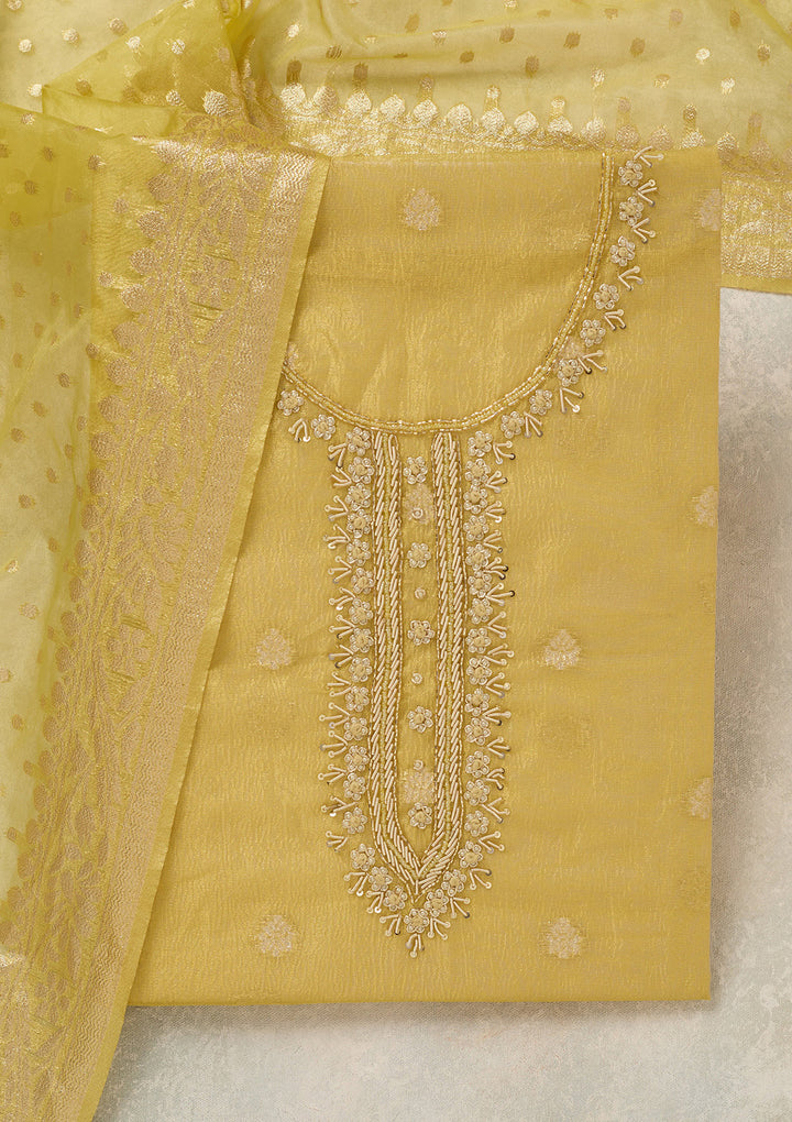 Yellow Pearlwork Tissue Unstitched Salwar Suit