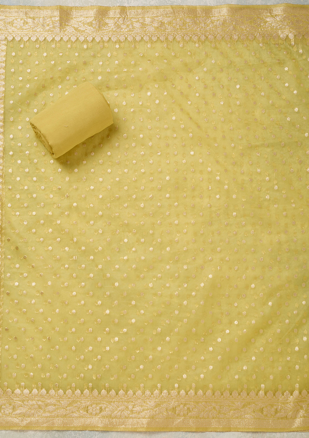 Yellow Pearlwork Tissue Unstitched Salwar Suit