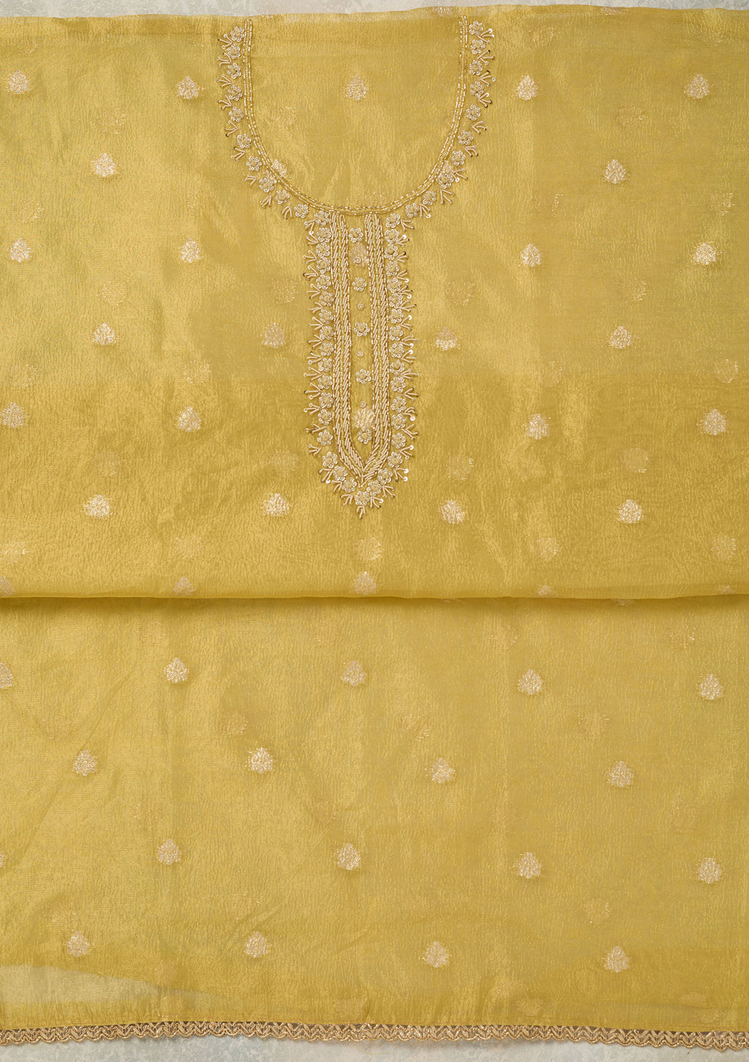 Yellow Pearlwork Tissue Unstitched Salwar Suit