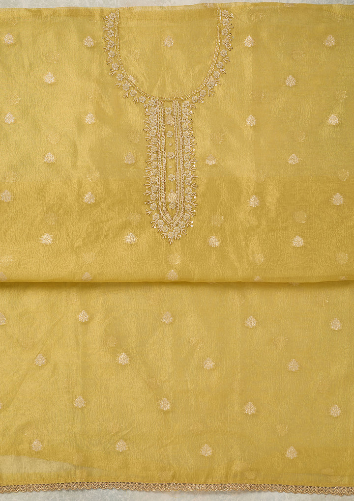 Yellow Pearlwork Tissue Unstitched Salwar Suit