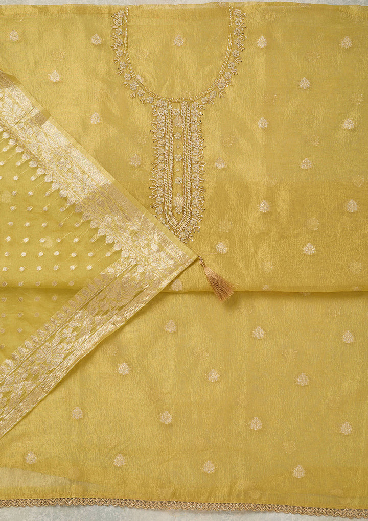 Yellow Pearlwork Tissue Unstitched Salwar Suit