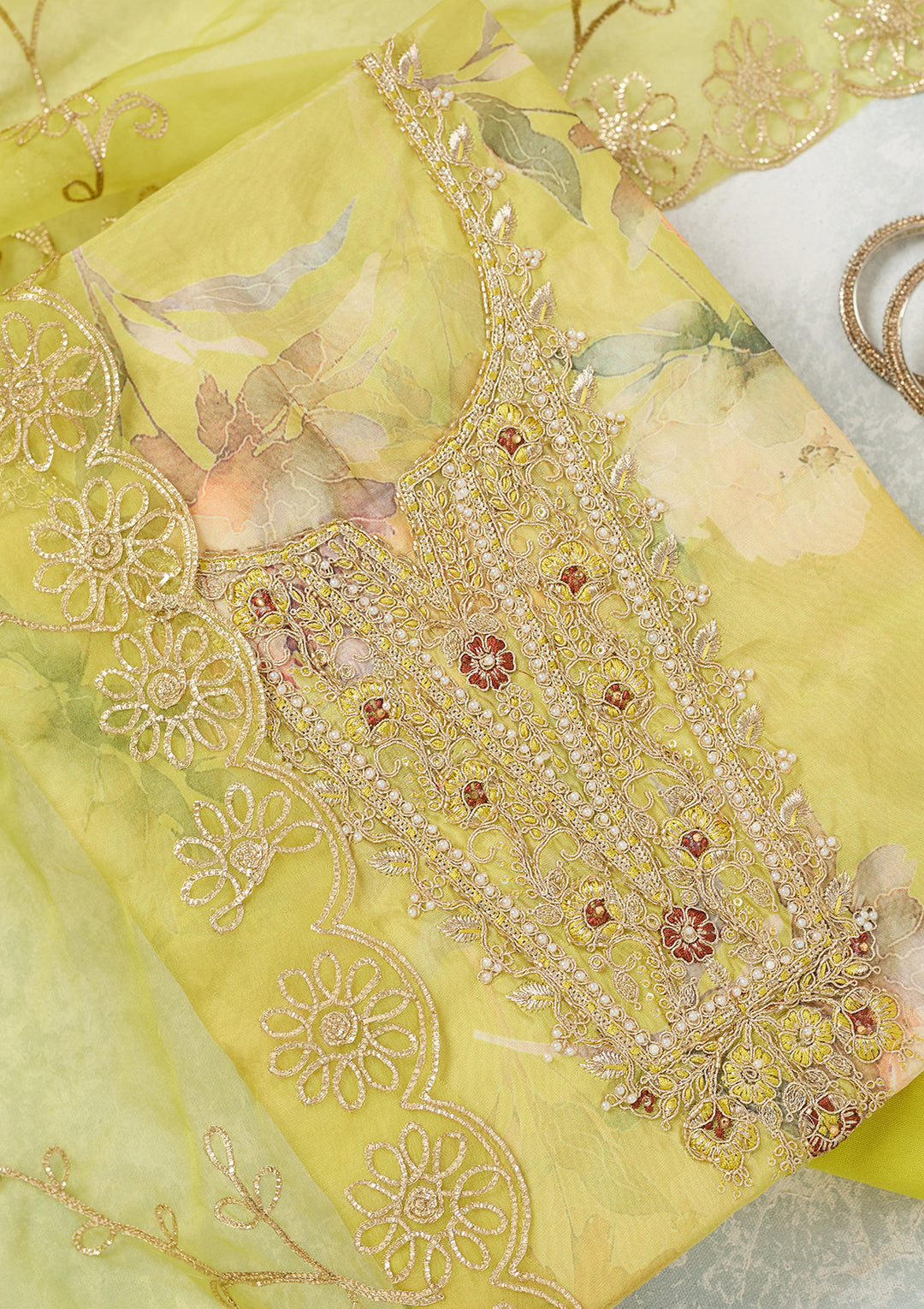 Parrot Green Zariwork (Gold) Organza Unstitched Salwar Suit
