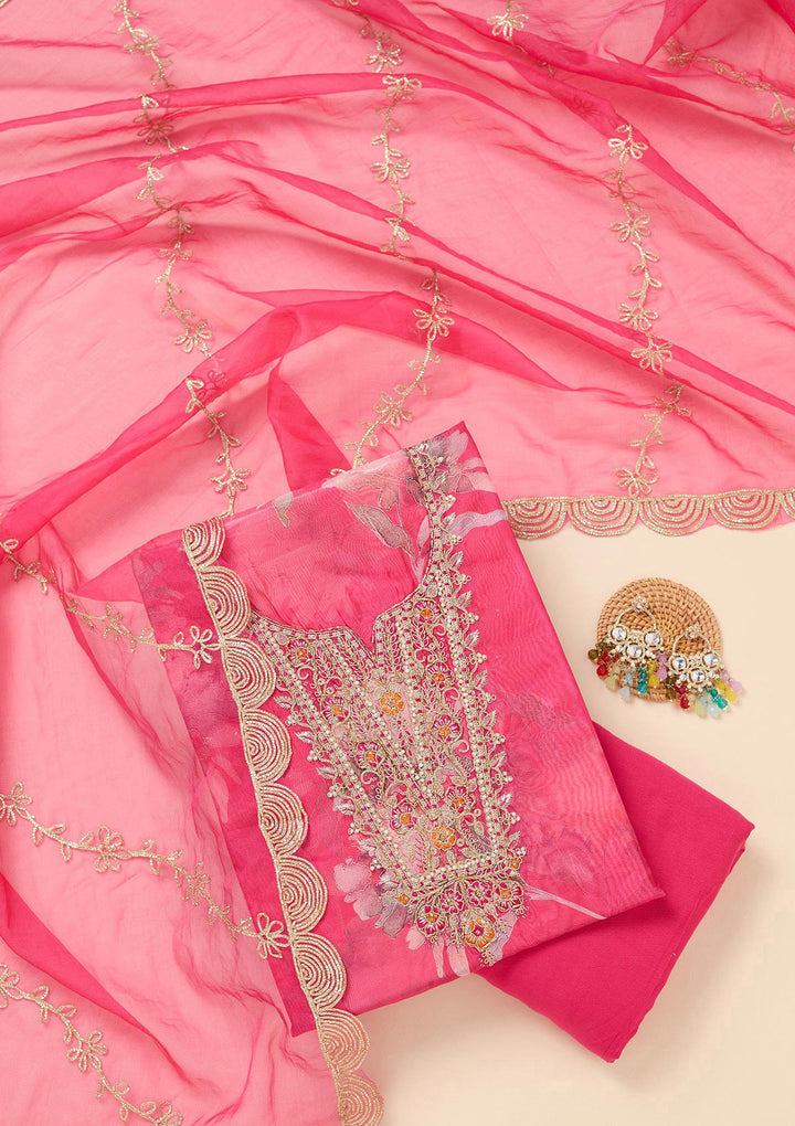 Rani Pink Zariwork (Gold) Organza Unstitched Salwar Suit