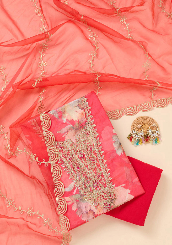 Red Zariwork (Gold) Organza Unstitched Salwar Suit