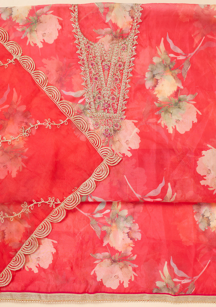 Red Zariwork (Gold) Organza Unstitched Salwar Suit
