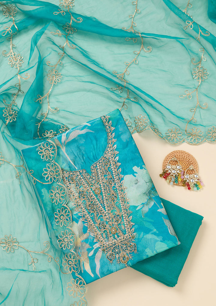 Turquoise Blue Zariwork (Gold) Organza Unstitched Salwar Suit