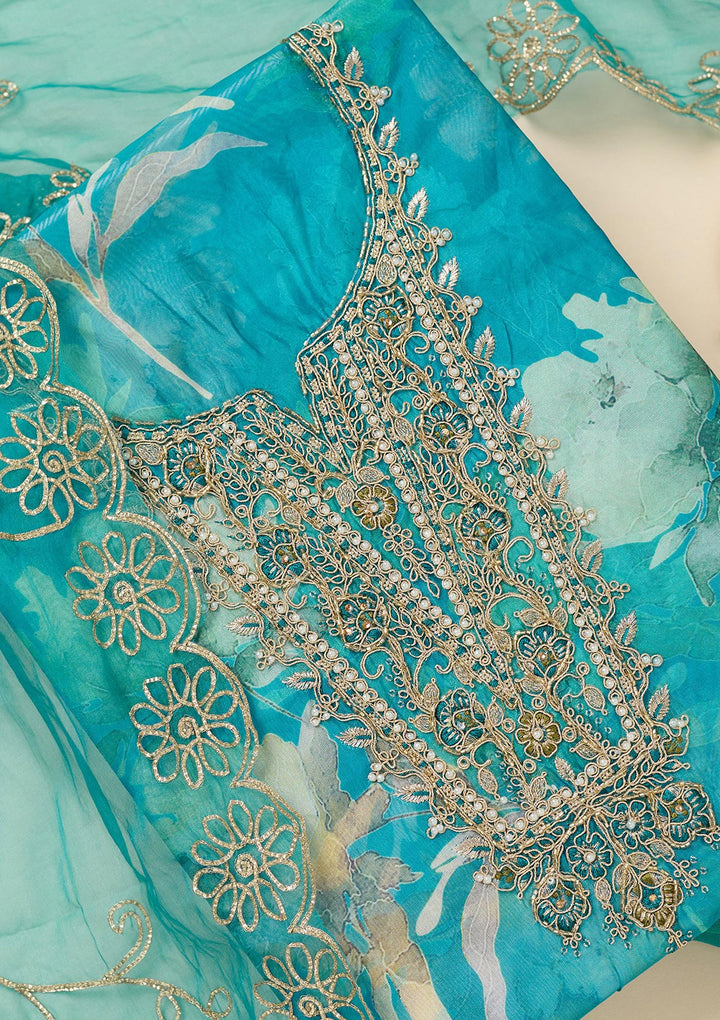 Turquoise Blue Zariwork (Gold) Organza Unstitched Salwar Suit