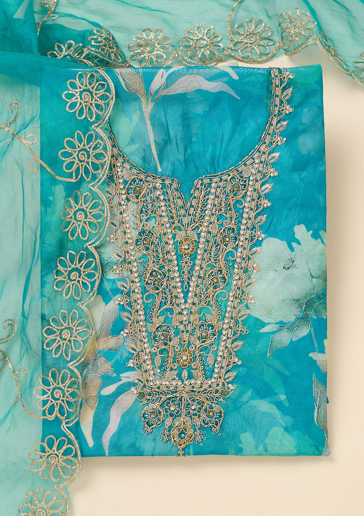 Turquoise Blue Zariwork (Gold) Organza Unstitched Salwar Suit