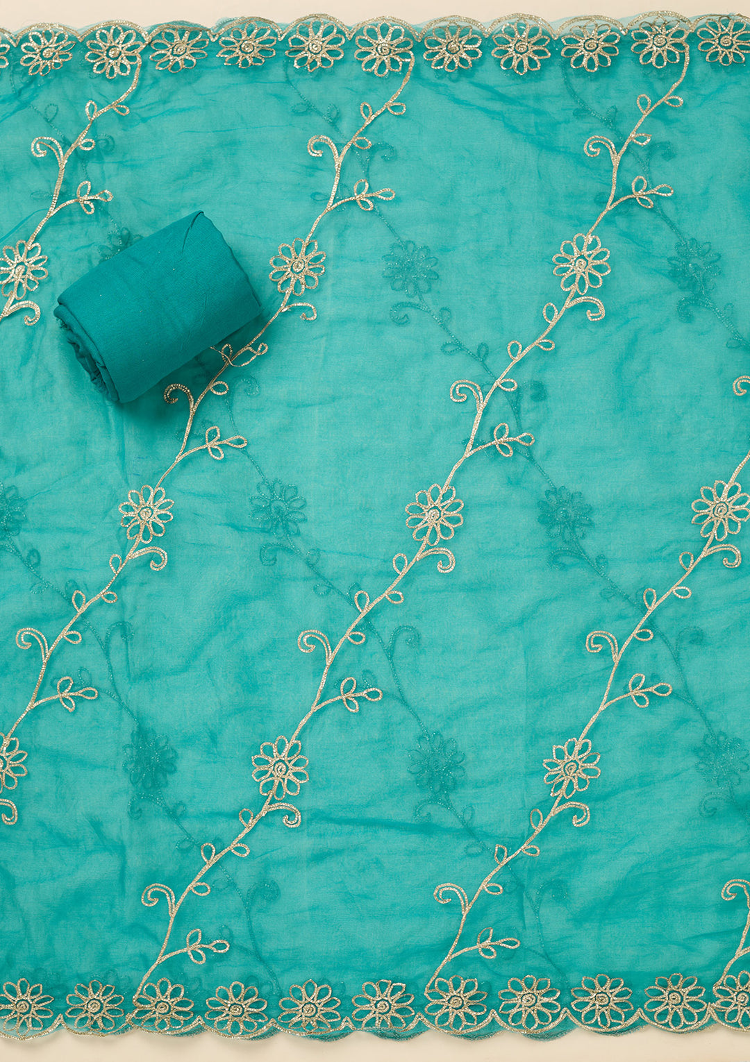 Turquoise Blue Zariwork (Gold) Organza Unstitched Salwar Suit