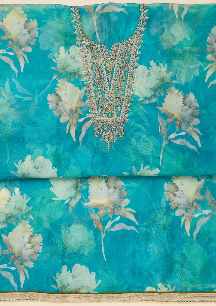 Turquoise Blue Zariwork (Gold) Organza Unstitched Salwar Suit