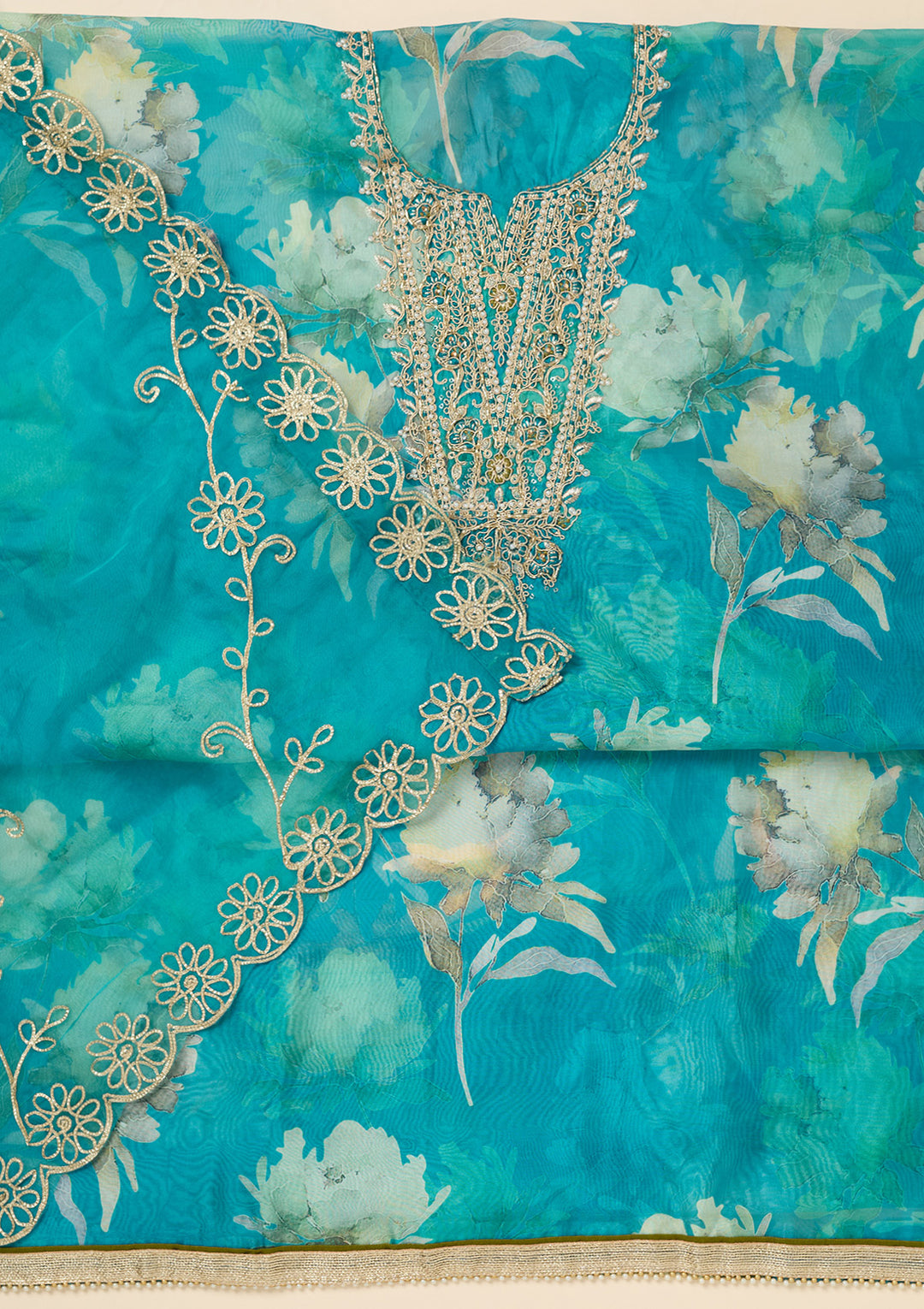 Turquoise Blue Zariwork (Gold) Organza Unstitched Salwar Suit